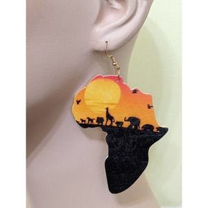 4/$20 African Africa Map Animals Sunset Safari Large Wooden Earrings Ethnic